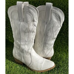 HISEA Boots Women Size 8 Rollda Cowgirl with Snip Toe Mid-Calf White Western